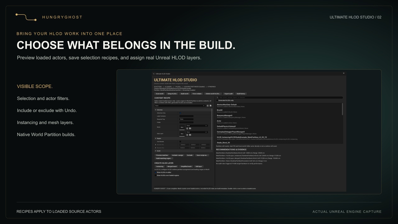 Ultimate HLOD Studio workbench with selection recipes and HLOD layer controls