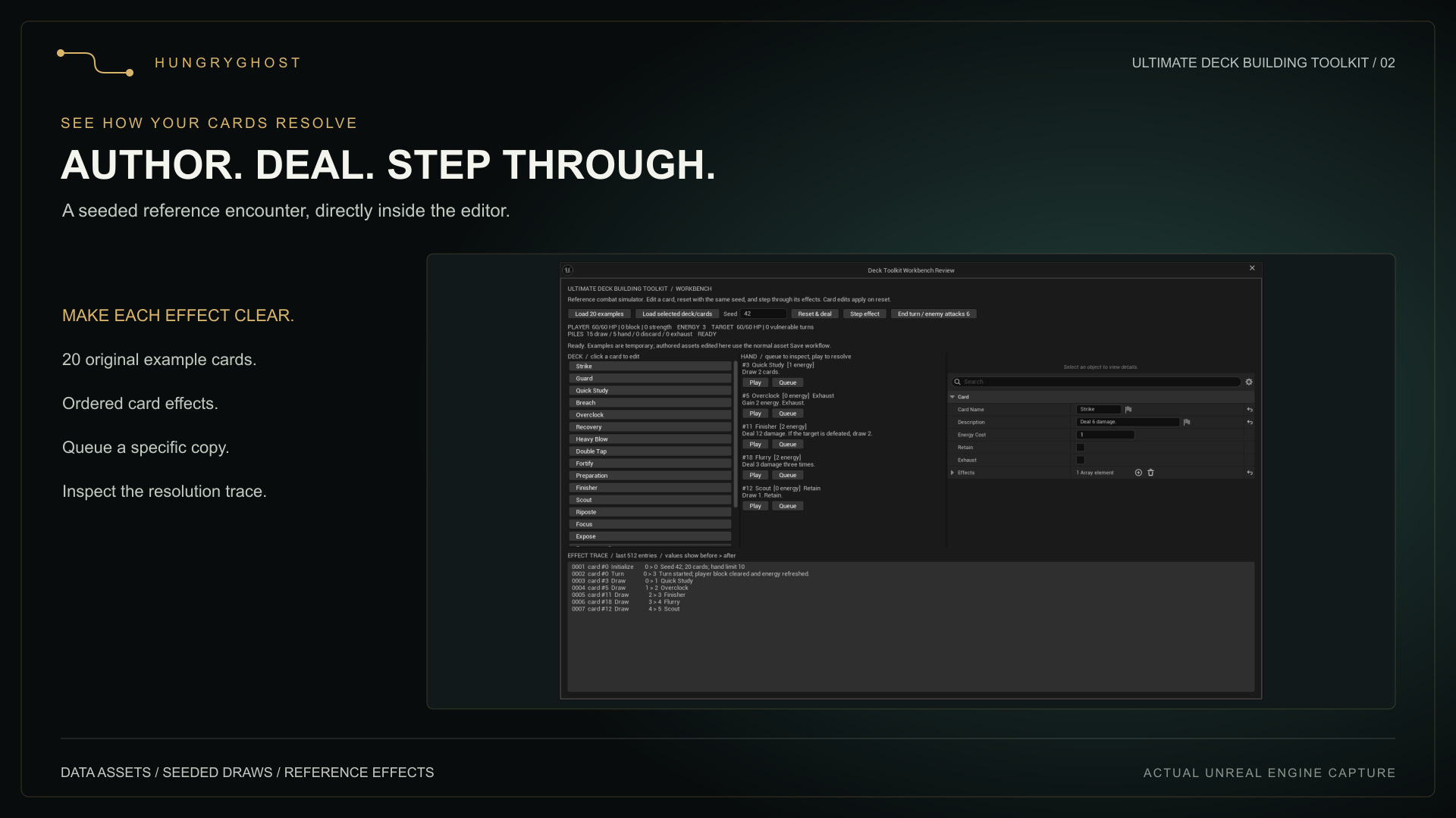 Deck Workbench with reference card definitions, hand controls and effect trace