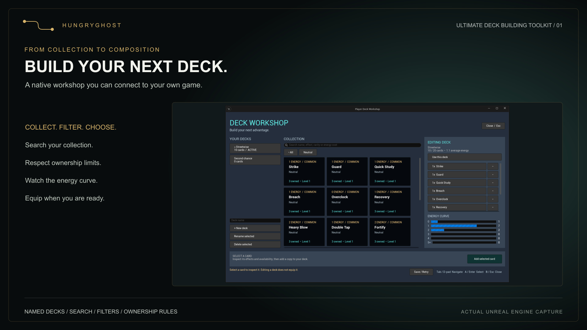Unreal Engine deck workshop showing named decks, collection cards and an energy curve