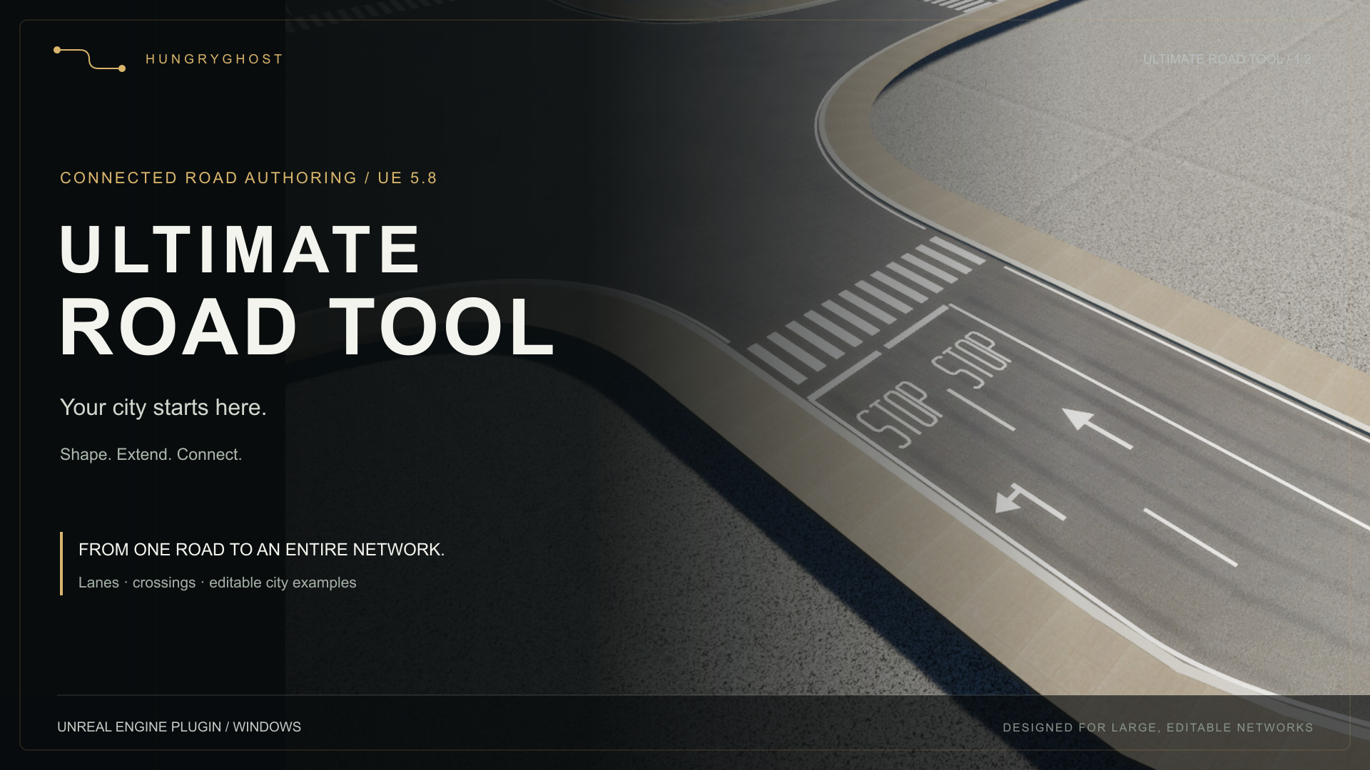 Ultimate Road Tool: editable roads and a marked intersection rendered inside Unreal Engine